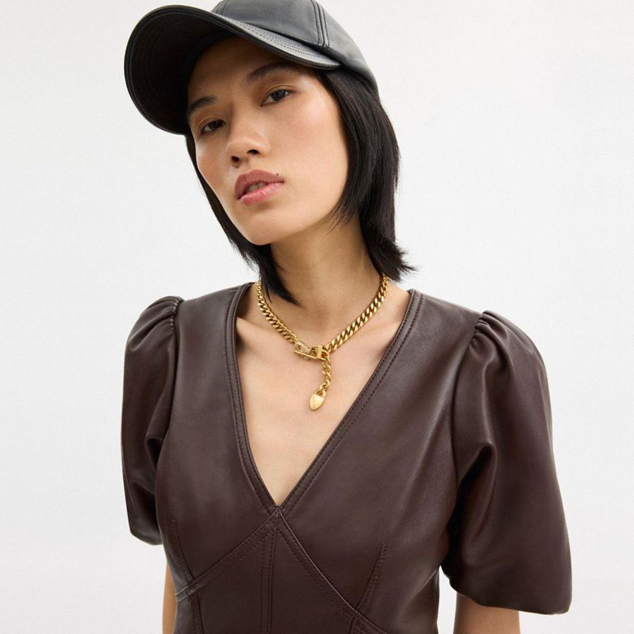 COACH® Leather Puff Sleeve Women Dress Brown | UOHZ72850