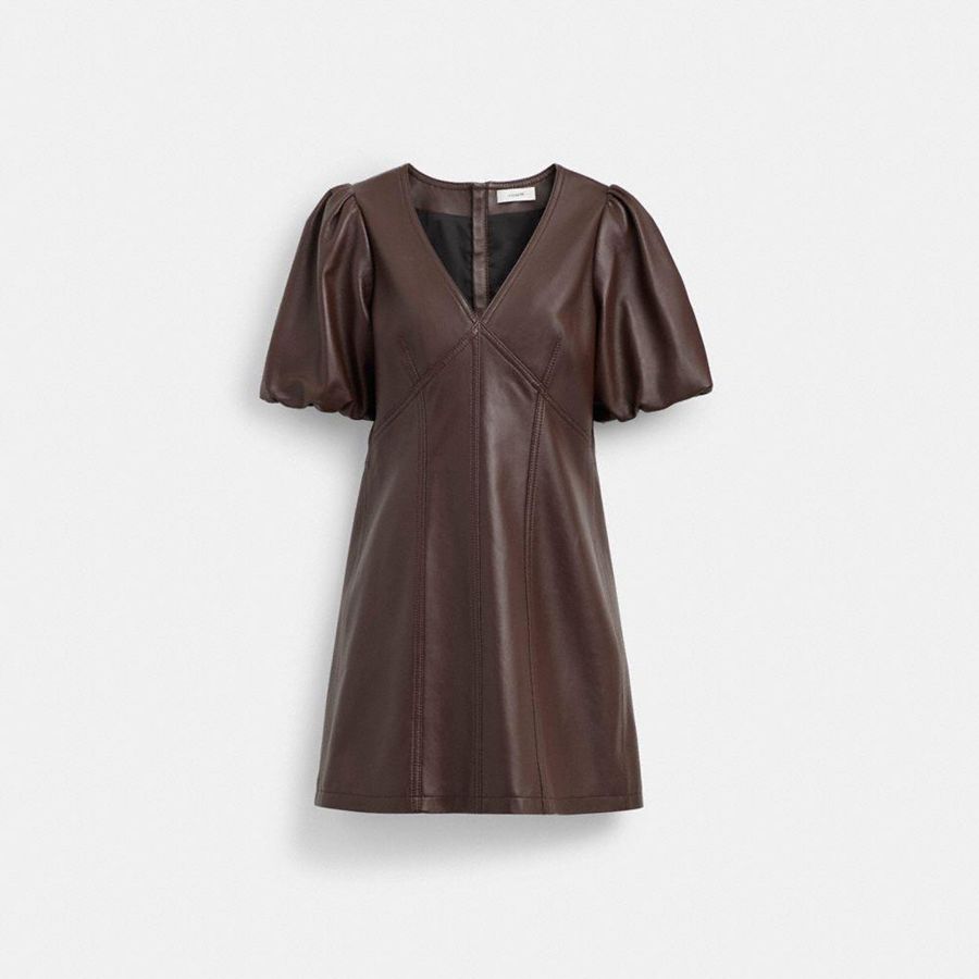COACH® Leather Puff Sleeve Women Dress Brown | UOHZ72850