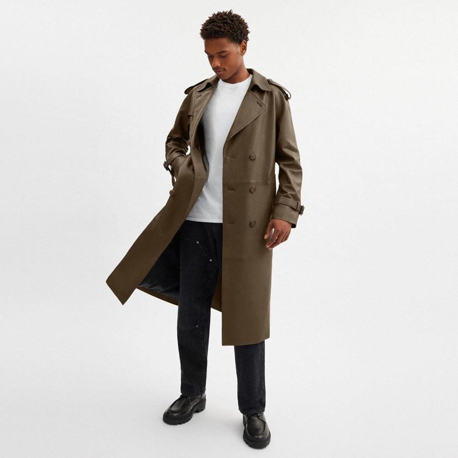 COACH® Leather Trench Coat Men Jacket Olive | RGPB81563