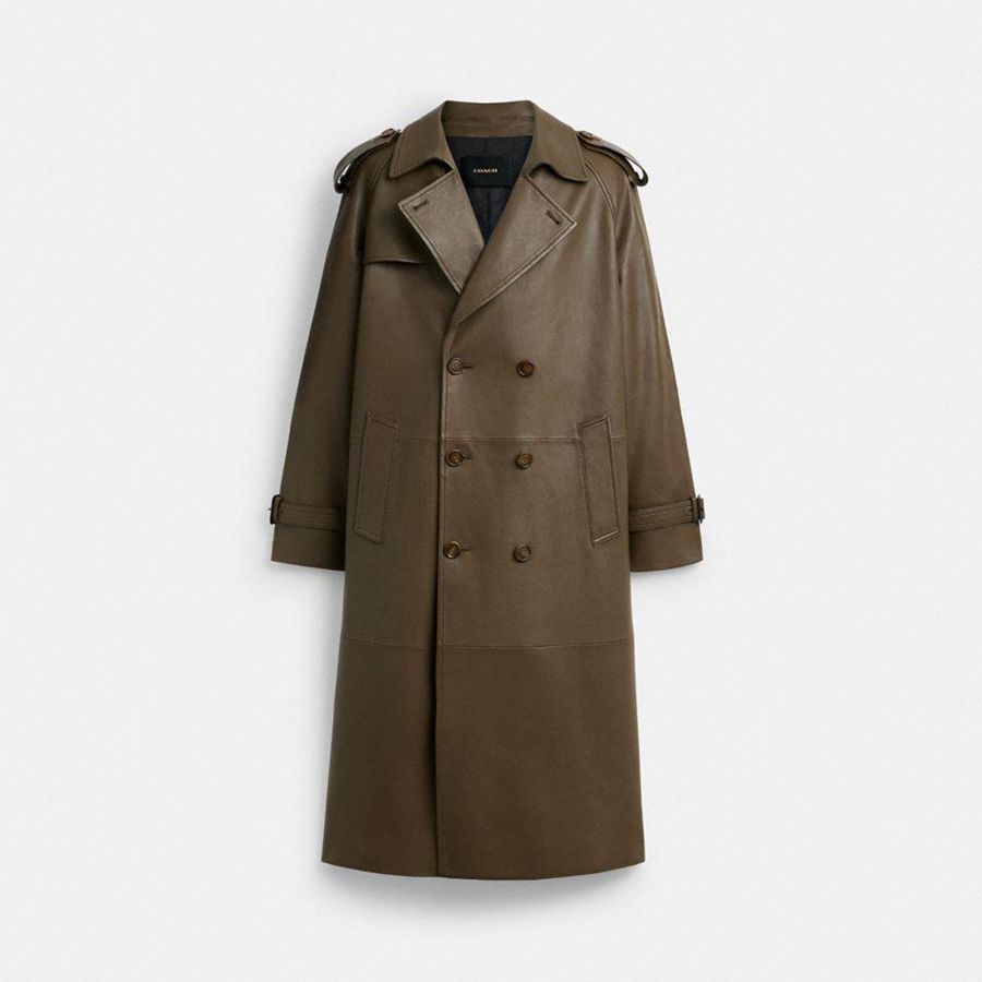 COACH® Leather Trench Coat Men Jacket Olive | RGPB81563