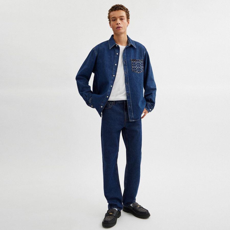 COACH® Long Sleeve Denim Men Shirt Blue | DIPZ14592