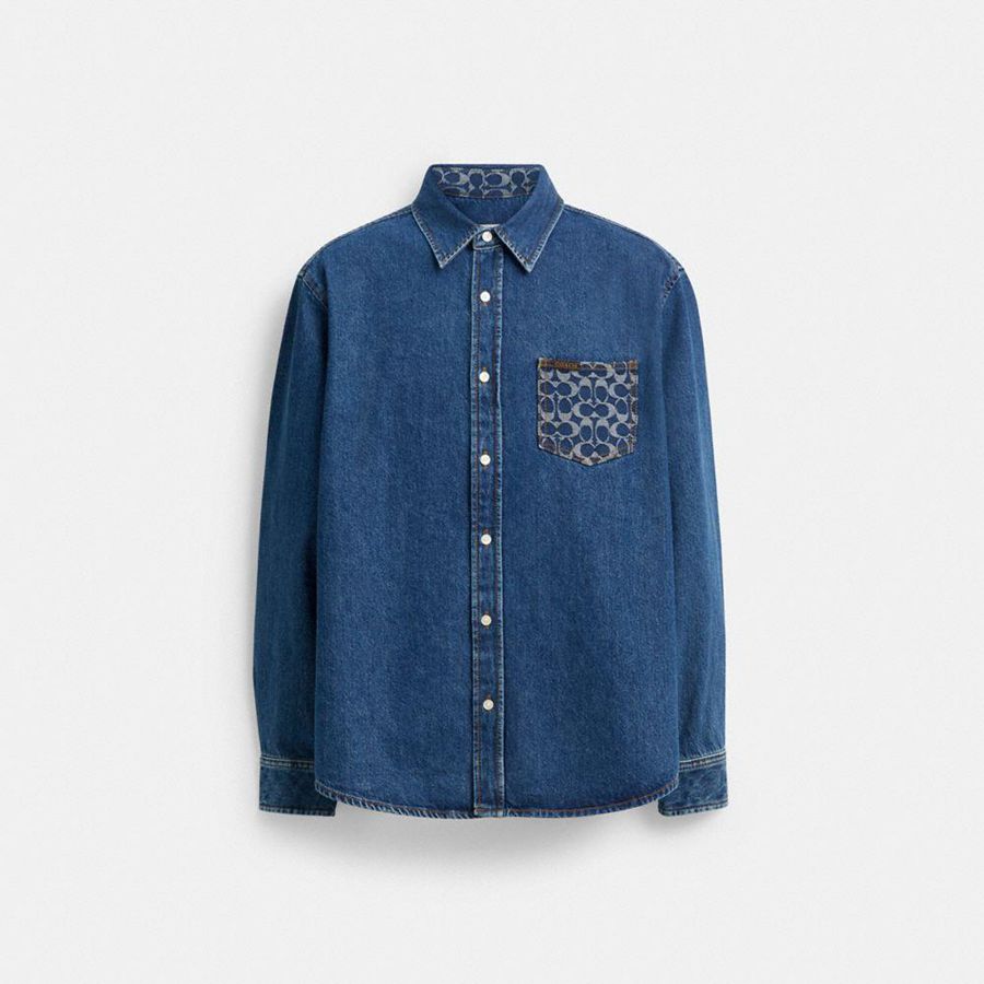 COACH® Long Sleeve Denim Men Shirt Blue | DIPZ14592