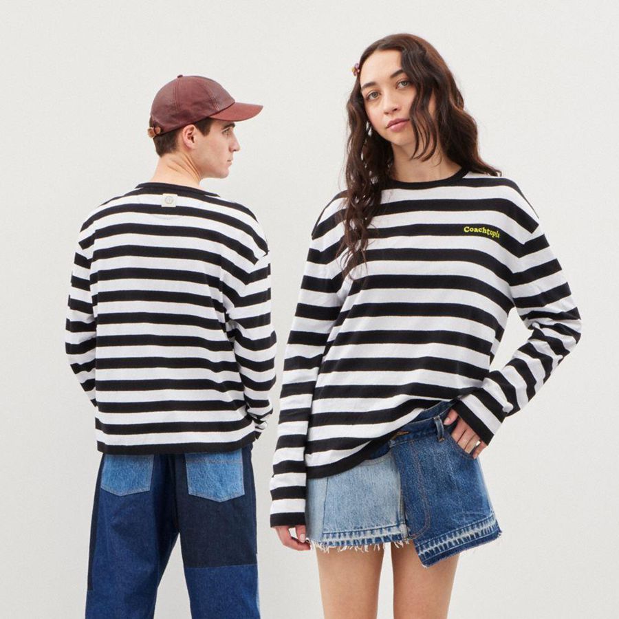 COACH® Long Sleeve With Stripe Pattern Women T-Shirt Black | IRPN78965