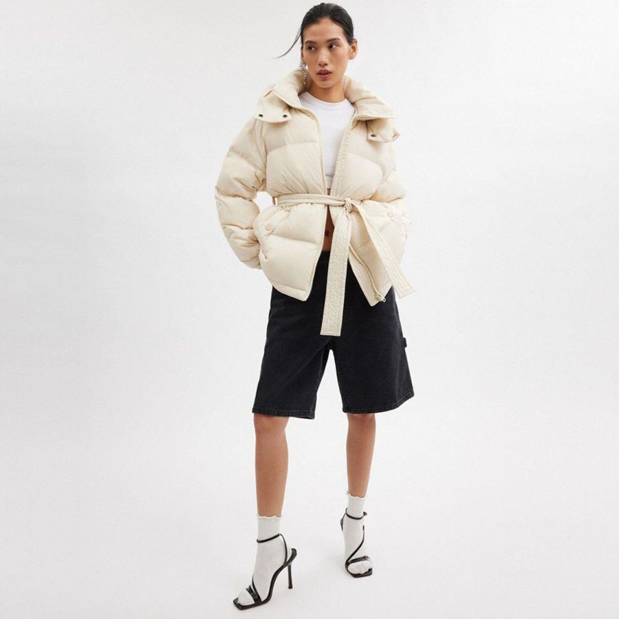 COACH® Mid Length Belted Down In Recycled Polyamide Women Jacket White | NEBV36091