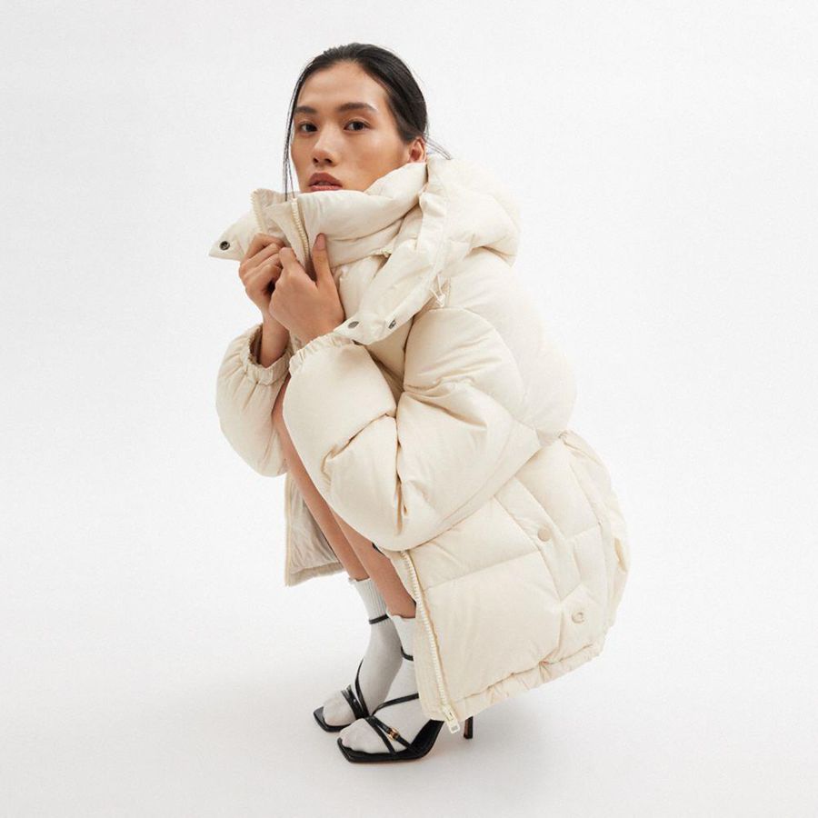 COACH® Mid Length Belted Down In Recycled Polyamide Women Jacket White | NEBV36091