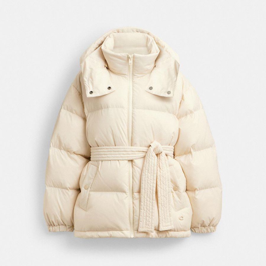 COACH® Mid Length Belted Down In Recycled Polyamide Women Jacket White | NEBV36091
