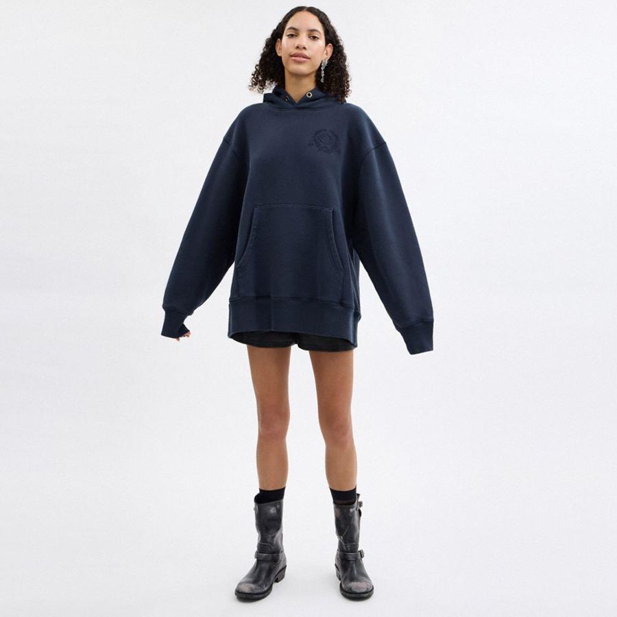 COACH® Oversized Signature Crest In Organic Cotton Women Hoodie Blue | CQRF78230