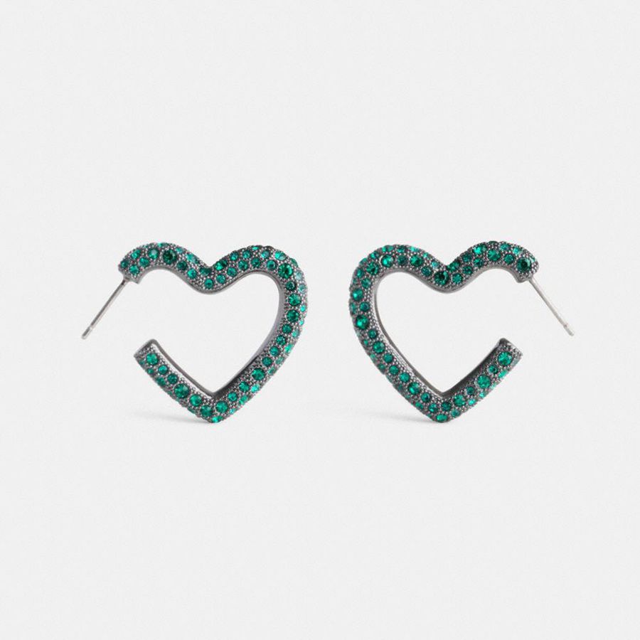 COACH® Pavé Heart Hoop Earrings Women Jewelry Green | VIKC71498
