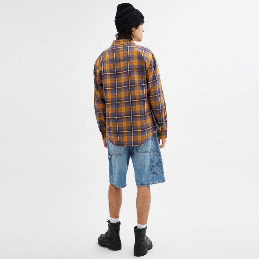 COACH® Plaid Button Down Men Shirt Brown | DPYV31964