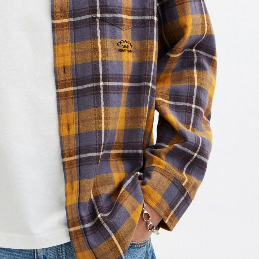 COACH® Plaid Button Down Men Shirt Brown | DPYV31964