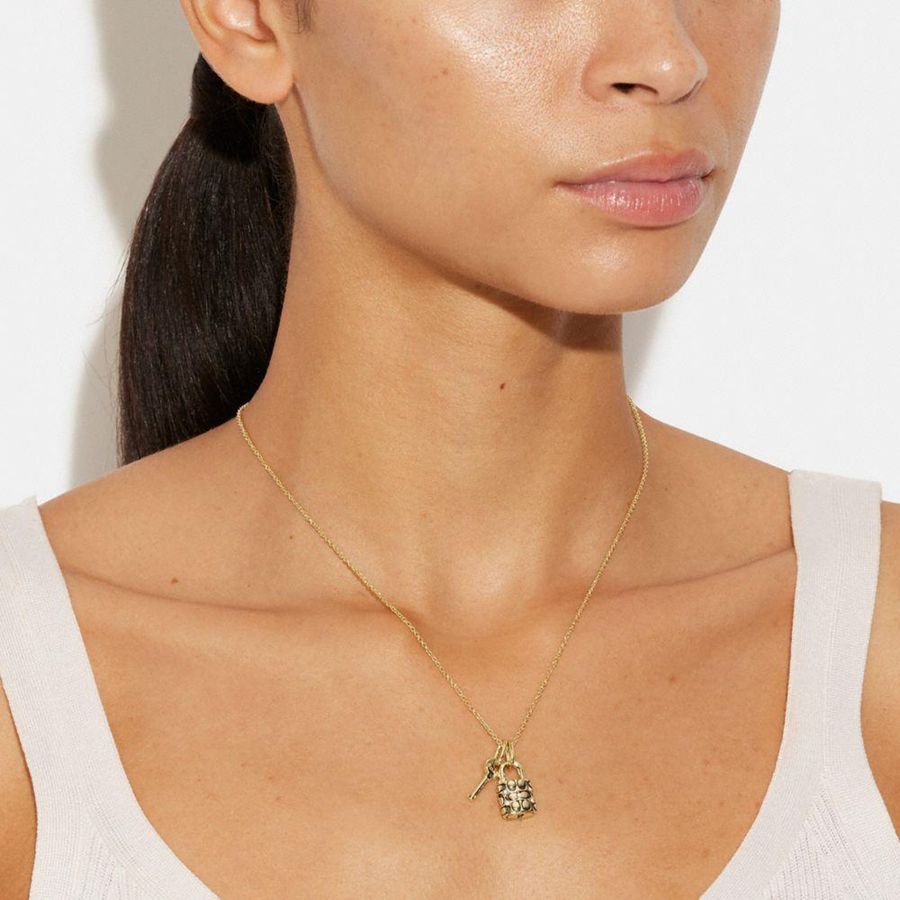 COACH® Quilted Padlock Key Pendant Necklace Women Jewelry Gold | HEIG02589