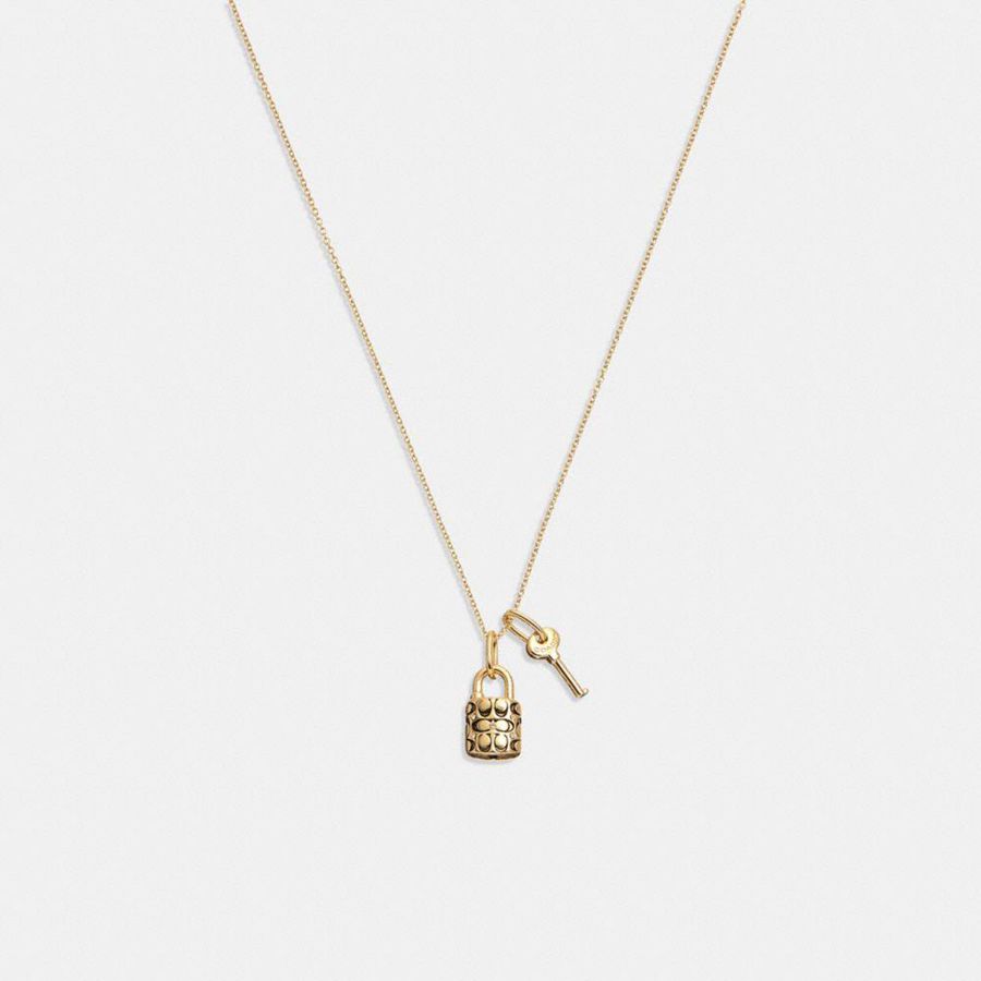 COACH® Quilted Padlock Key Pendant Necklace Women Jewelry Gold | HEIG02589