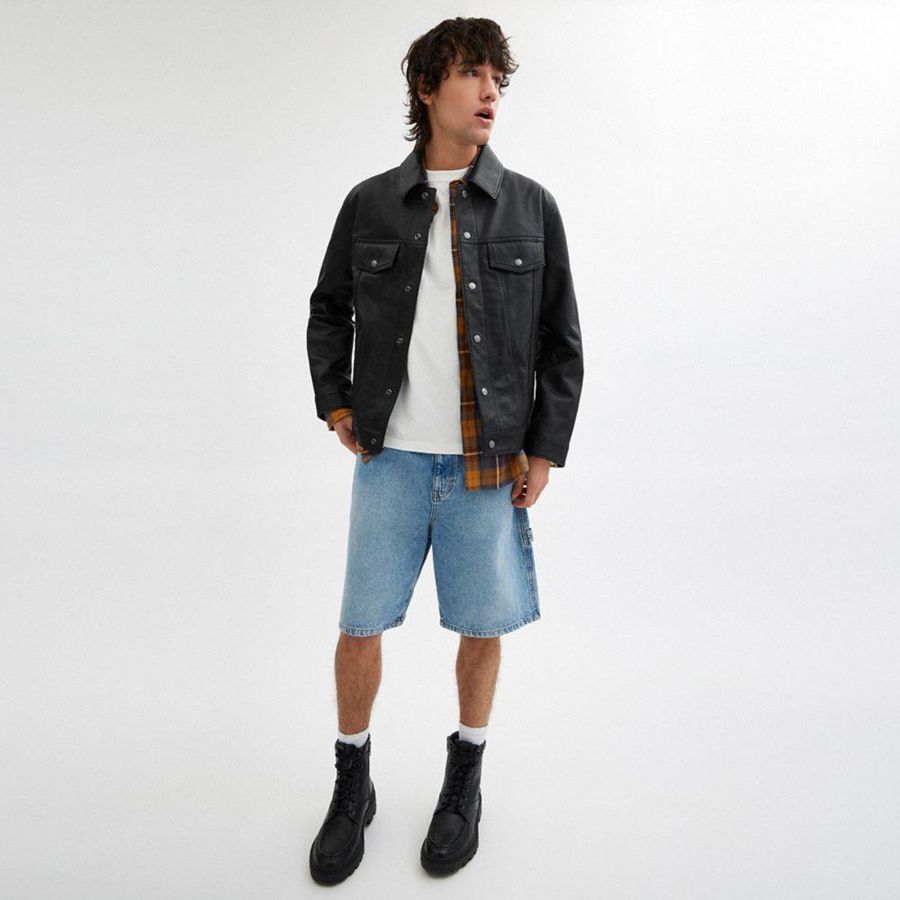 COACH® Regnerative Leather Trucker Men Jacket Black | XPSH84763