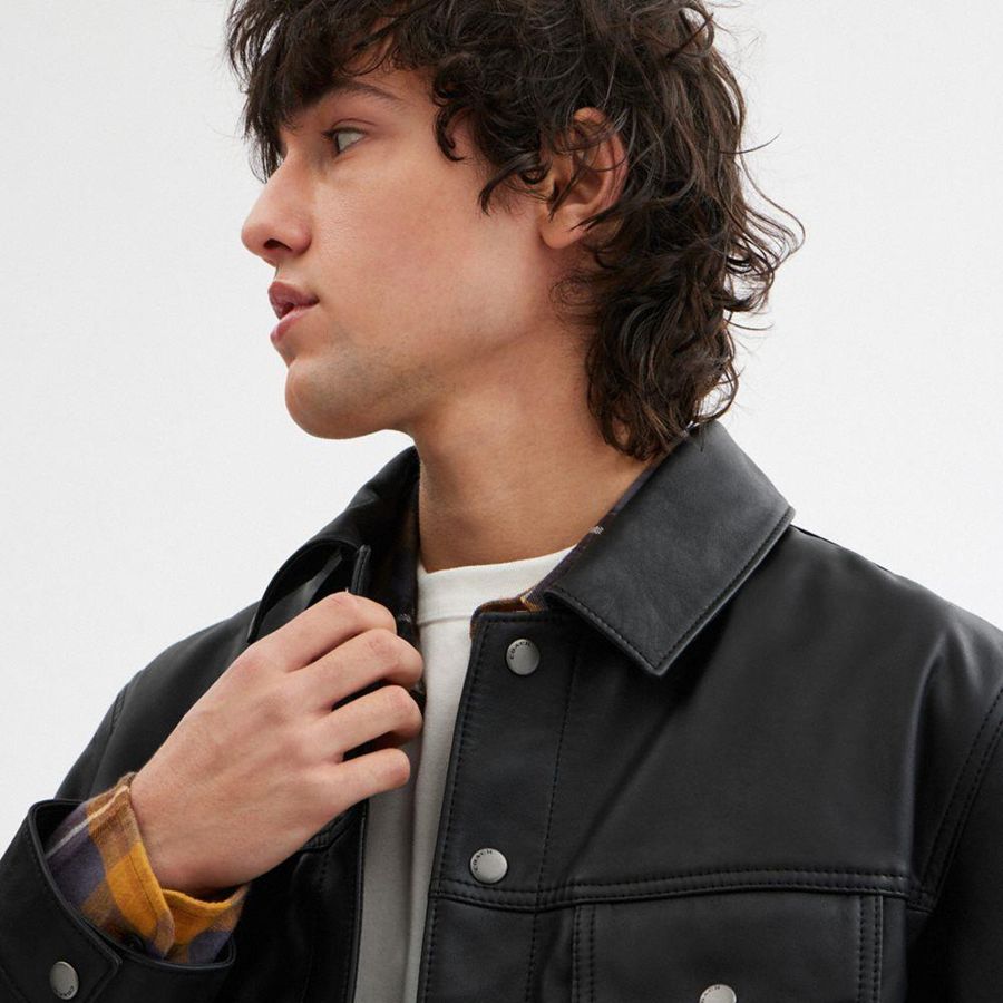 COACH® Regnerative Leather Trucker Men Jacket Black | XPSH84763