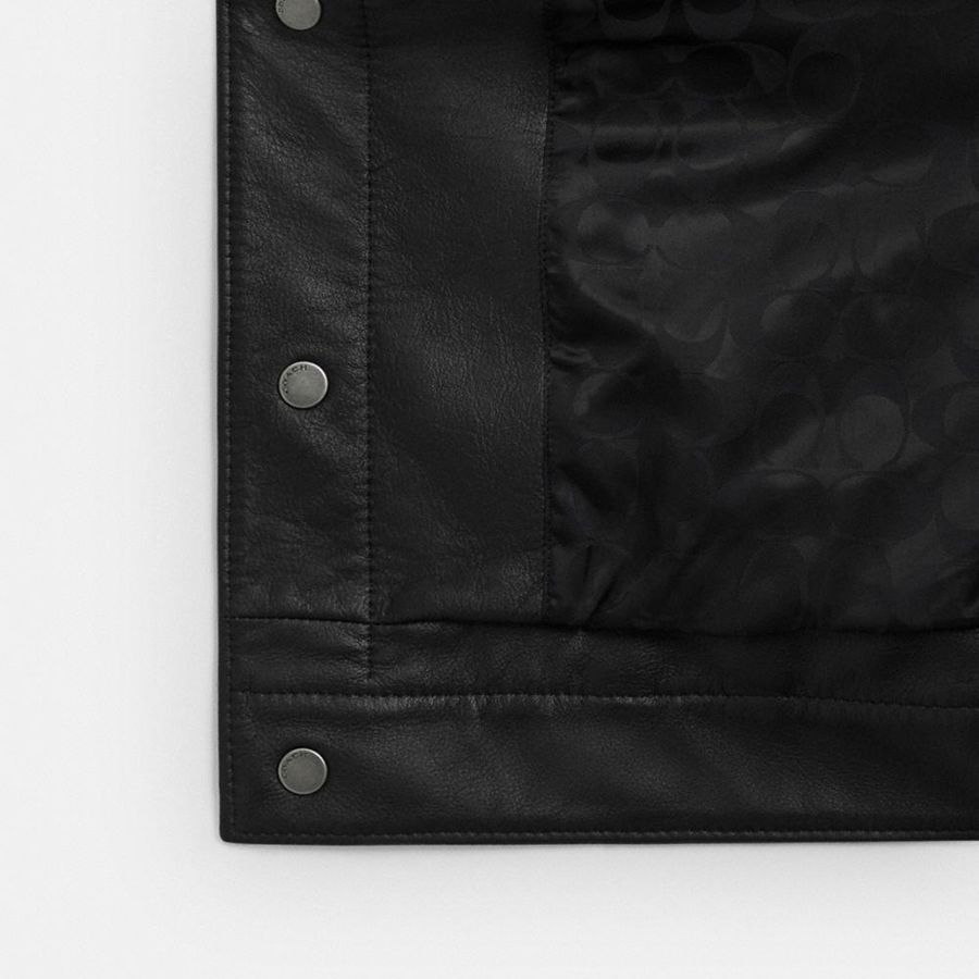 COACH® Regnerative Leather Trucker Men Jacket Black | XPSH84763