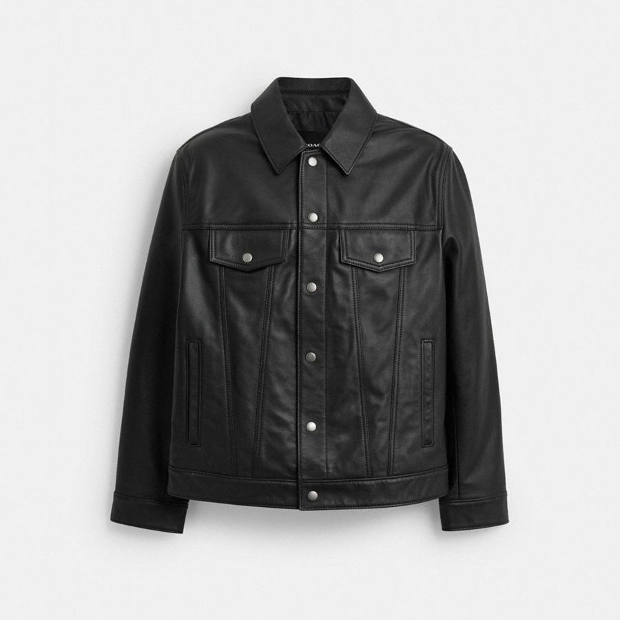 COACH® Regnerative Leather Trucker Men Jacket Black | XPSH84763