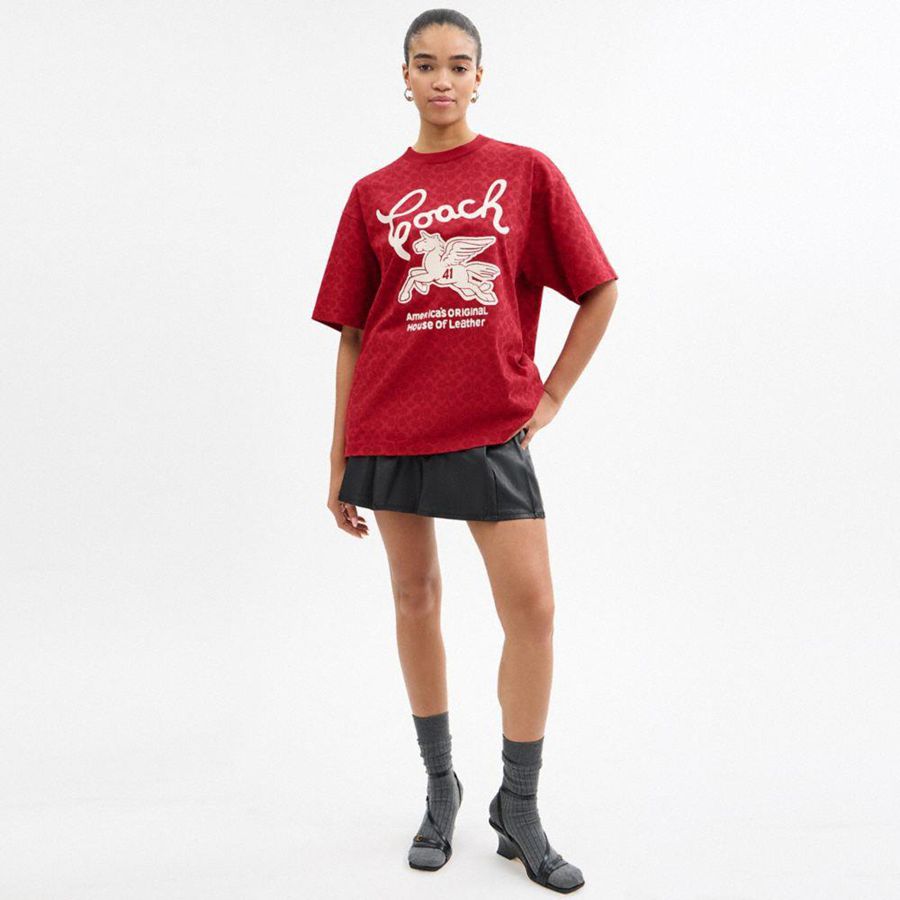 COACH® Relaxed Signature Pegasus In Organic Cotton Women T-Shirt Red | OTZY42306