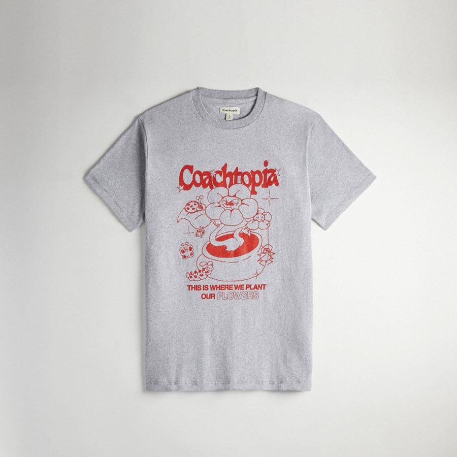 COACH® Relaxed With Flower Pot Print Women T-Shirt Grey | UCSN27430