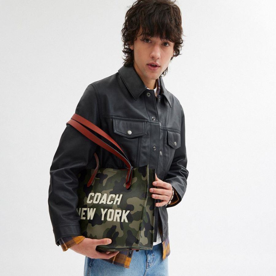 COACH® Relay 34 With Camo Print And Coach Graphic Women Tote Bags Green | XAND15248