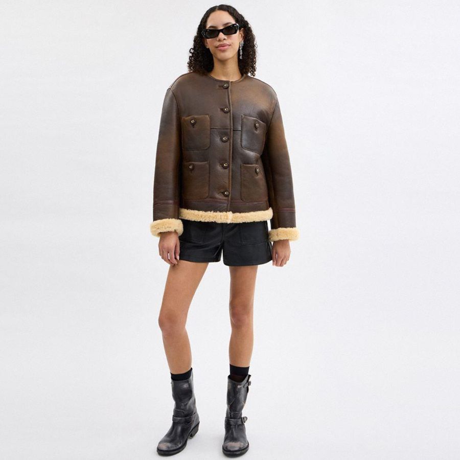 COACH® Shearling Cardigan Women Jacket Brown | UFKB61798