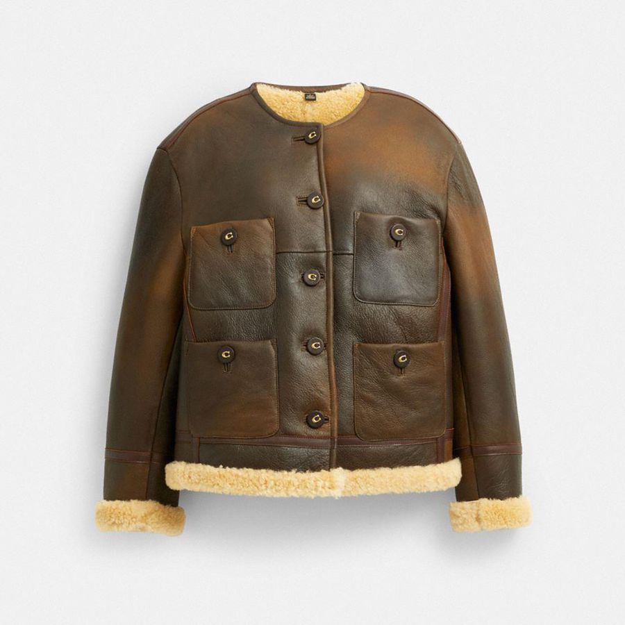 COACH® Shearling Cardigan Women Jacket Brown | UFKB61798