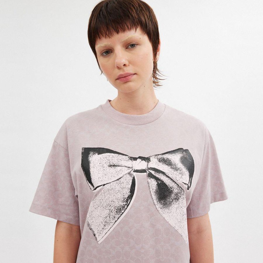 COACH® Signature Bow In Organic Cotton Women T-Shirt Pink | QIVL98136
