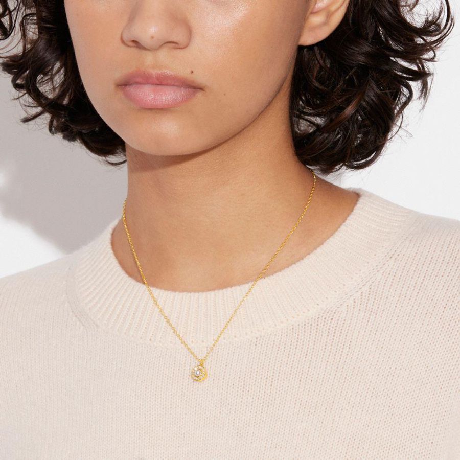 COACH® Signature Crystal Pearl Pendant Necklace Women Jewelry Gold | COXH75041