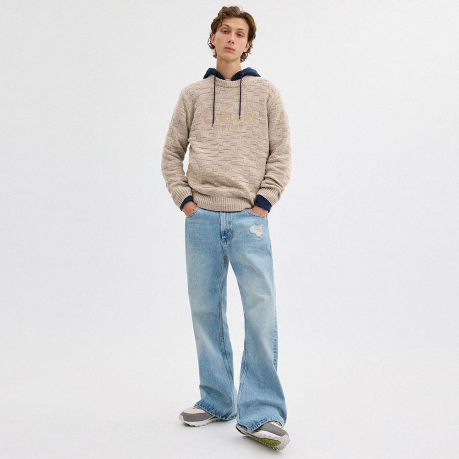 COACH® Signature Knit Crewneck Men Sweater Beige | WCNJ25649