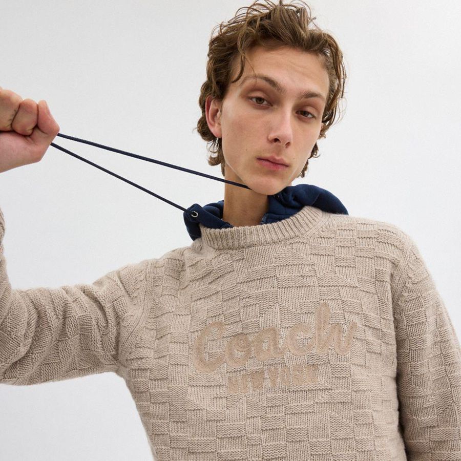COACH® Signature Knit Crewneck Men Sweater Beige | WCNJ25649