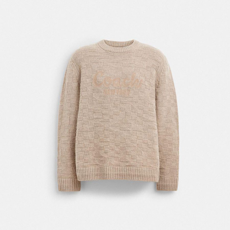 COACH® Signature Knit Crewneck Men Sweater Beige | WCNJ25649
