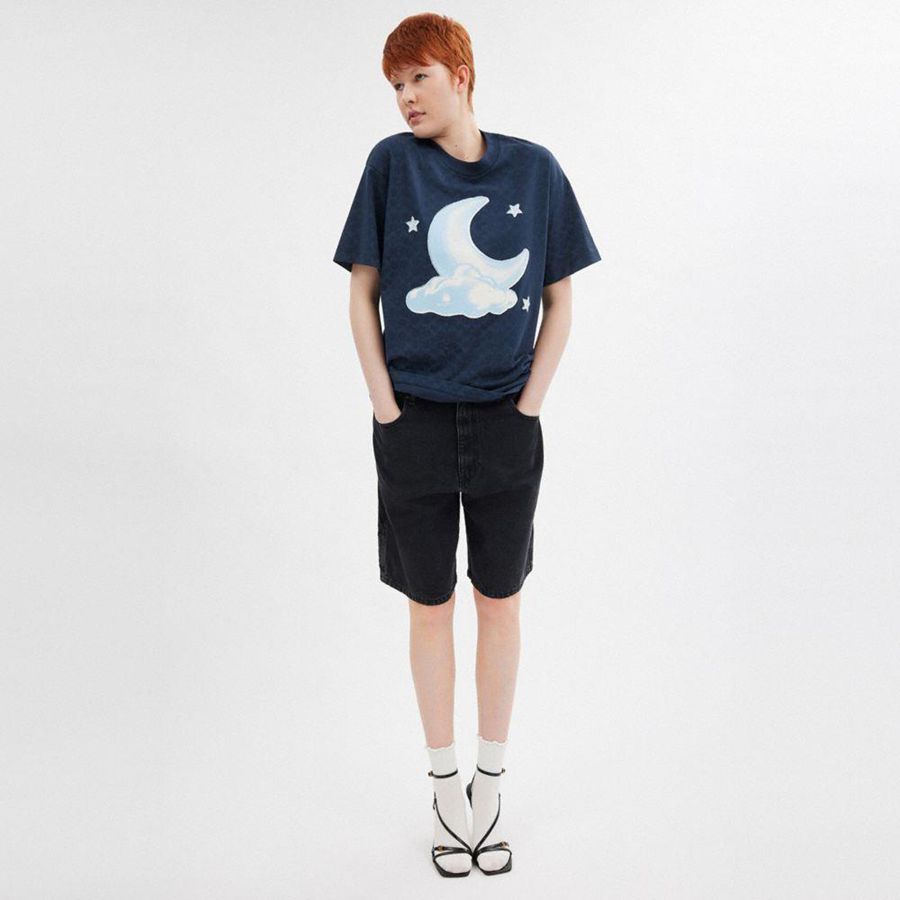 COACH® Signature Moon Relaxed In Organic Cotton Women T-Shirt Blue | TLPJ79642