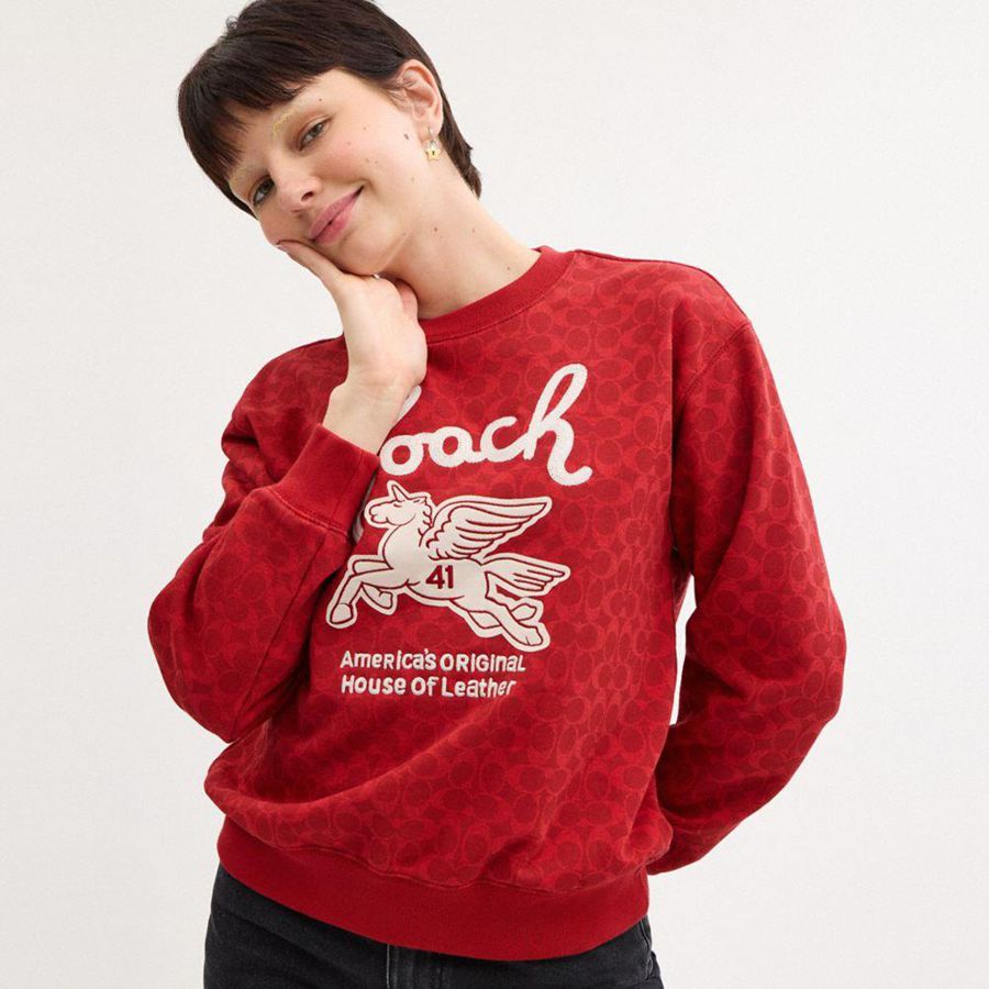 COACH® Signature Pegasus Women Sweatshirt Red | HQME47896