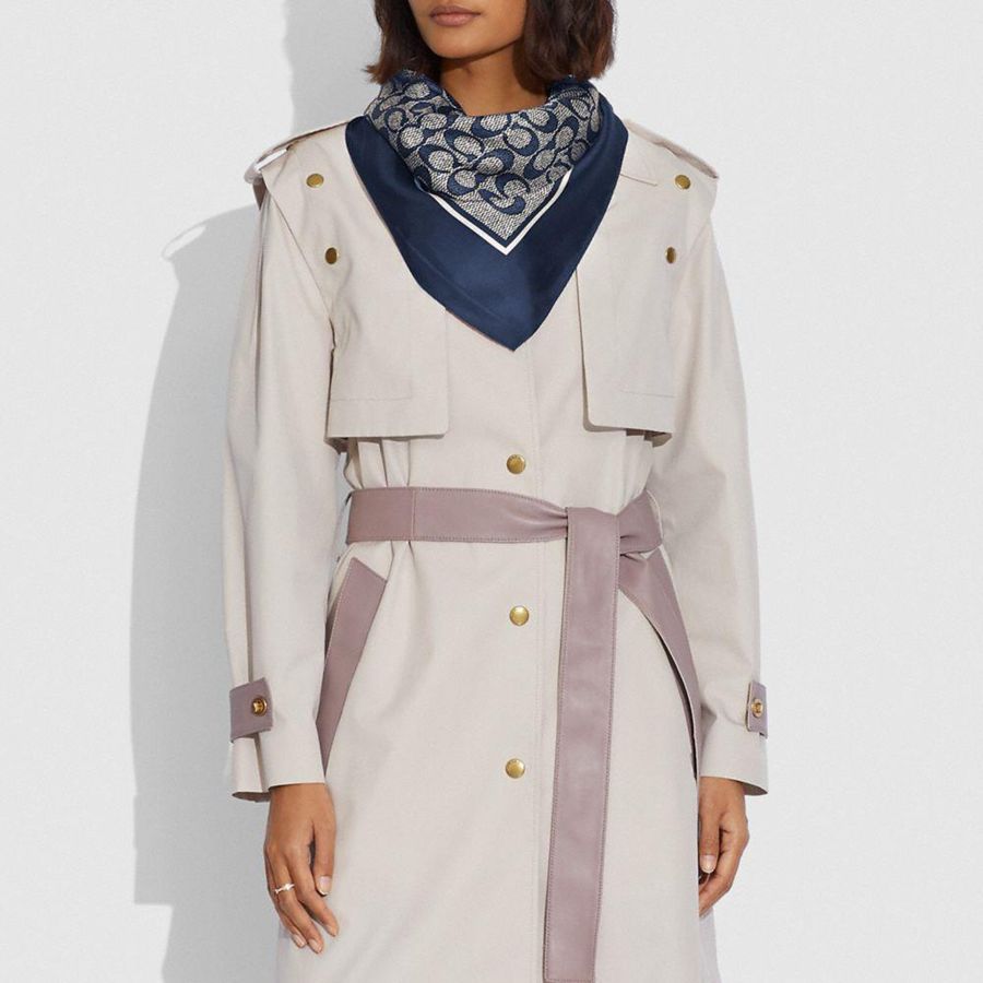 COACH® Textured Signature Print Silk Square Women Scarf Navy | OKVP82413