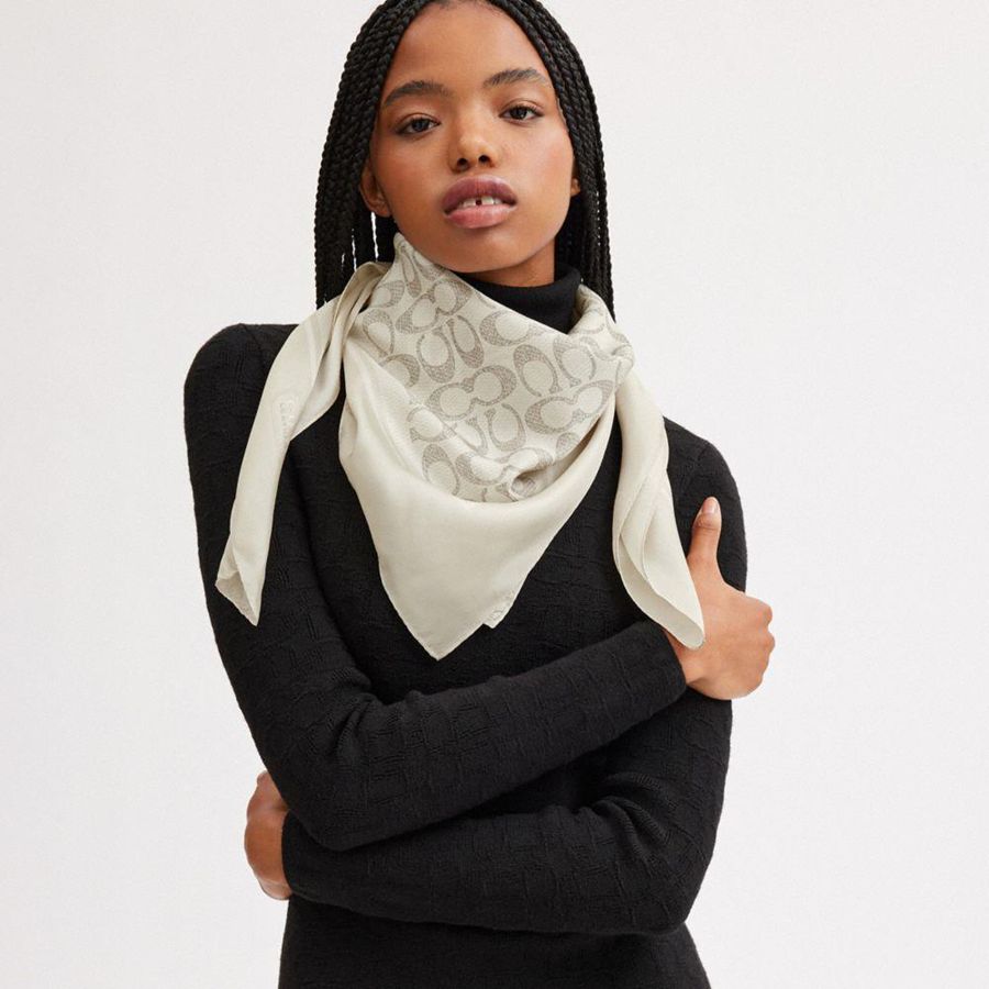 COACH® Textured Signature Print Silk Square Women Scarf Navy | OKVP82413