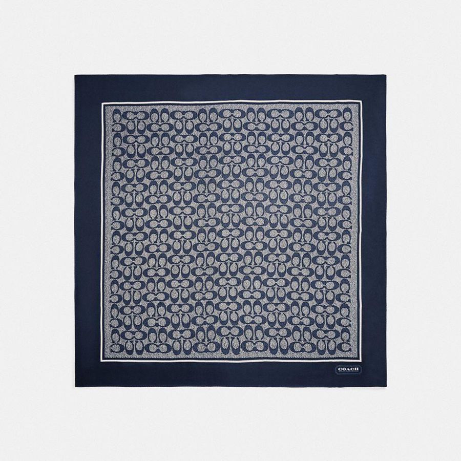 COACH® Textured Signature Print Silk Square Women Scarf Navy | OKVP82413