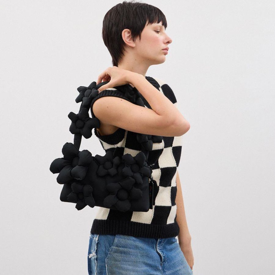 COACH® Topia Loop In Recycled Polyester With Floral Appliqué Women Shoulder Bag Black | NKJL30628