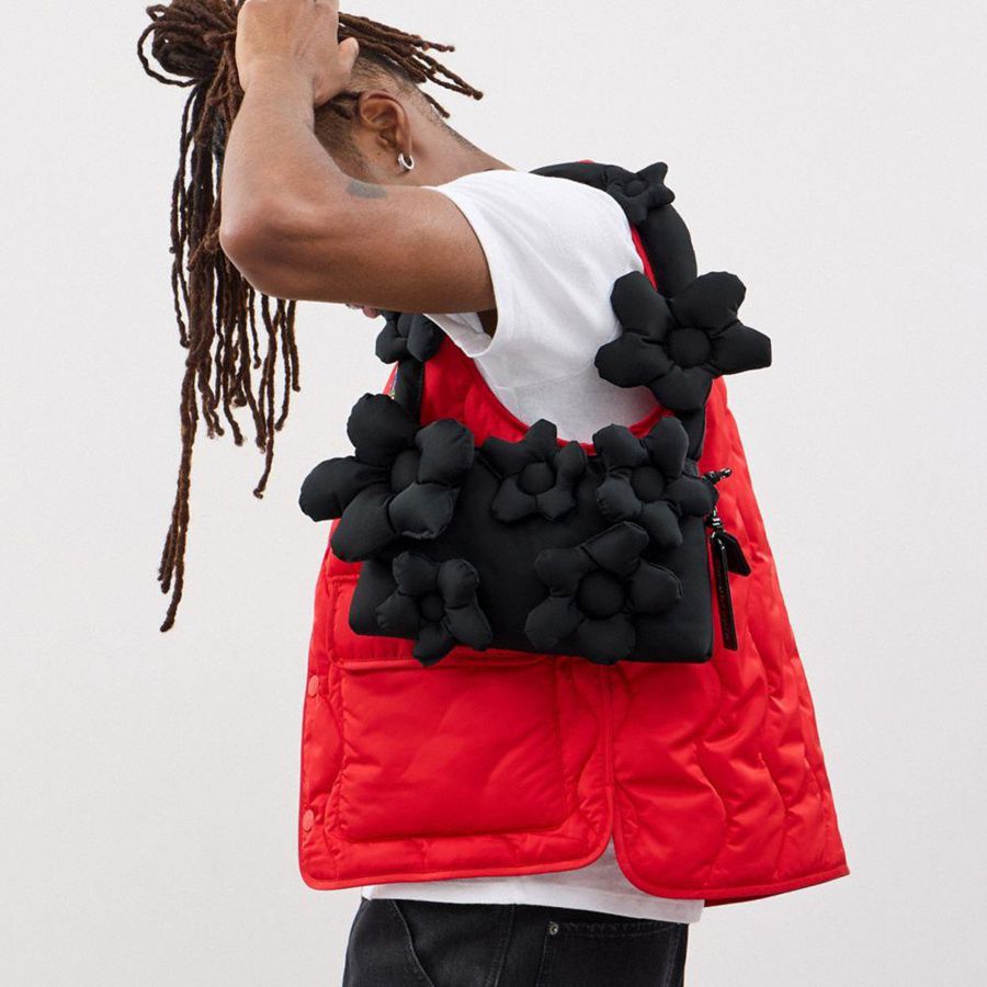 COACH® Topia Loop In Recycled Polyester With Floral Appliqué Women Shoulder Bag Black | NKJL30628