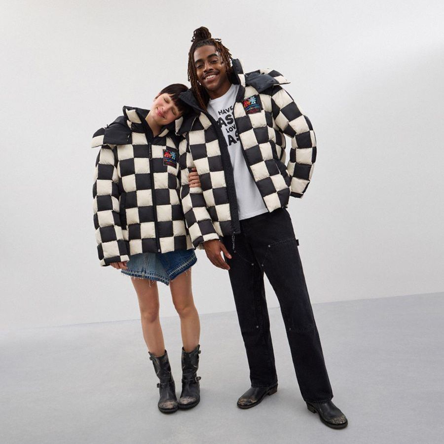 COACH® Topia Loop Puffer With Checkerboard Quilting Women Jacket Black | REBP95786